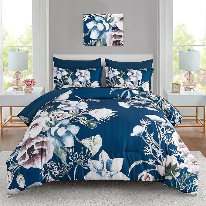 Luxudecor Floral Comforter Set Queen Size 7 Piece, Elegant Comforter Bedding Set by Luxudecor
