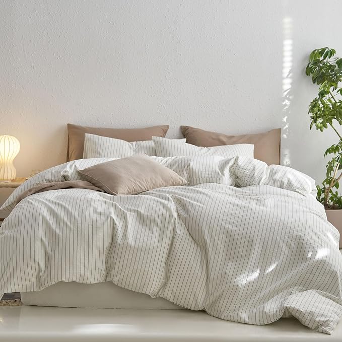 MooMee Striped Duvet Cover Set 100% Washed Cotton Linen Like Textured by MOOMEE