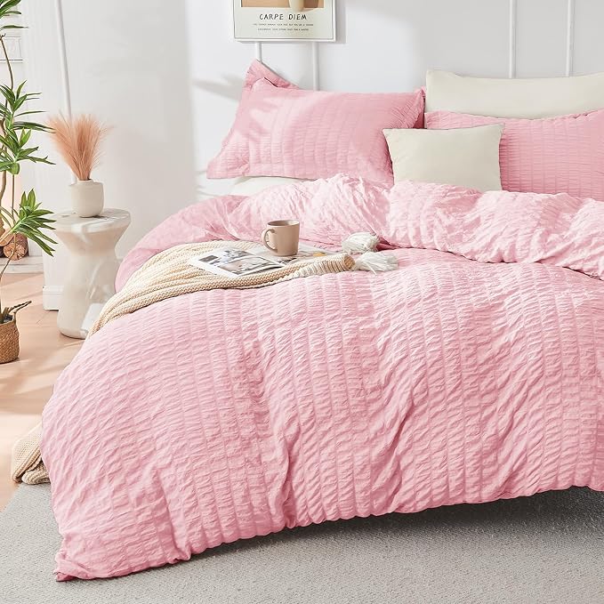 HYMOKEGE Pink/Ivory California King Comforter Set Seersucker 7 Pieces, All - Image 2