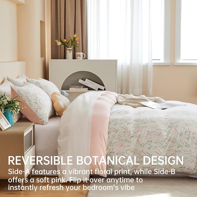 BOLINLIVING Pink Floral Duvet Cover King Size, Reversible Botanical Spring - Image 2
