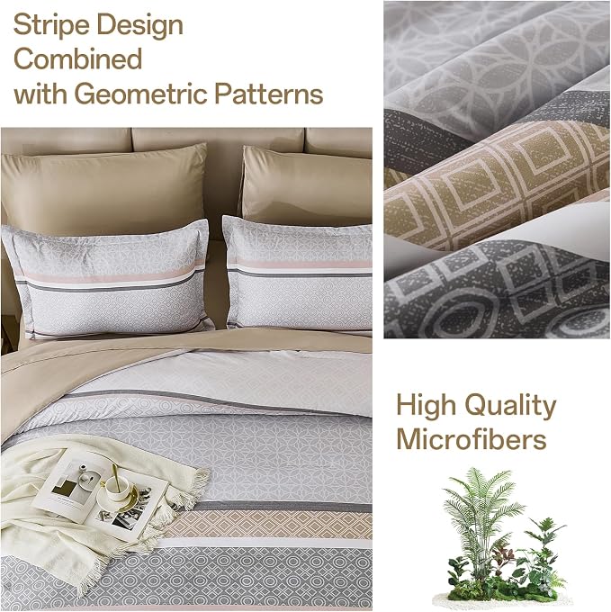 WONGS BEDDING Beige Comforter Set Queen Size, 7 Pieces Striped Bed in a Bag - Image 8