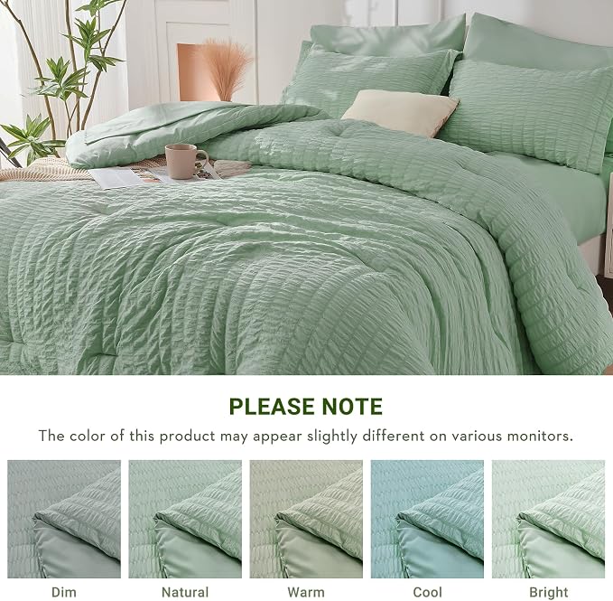 HYMOKEGE Sage Green Twin Comforter Set Seersucker 5 Pieces, All Season Luxury - Image 6
