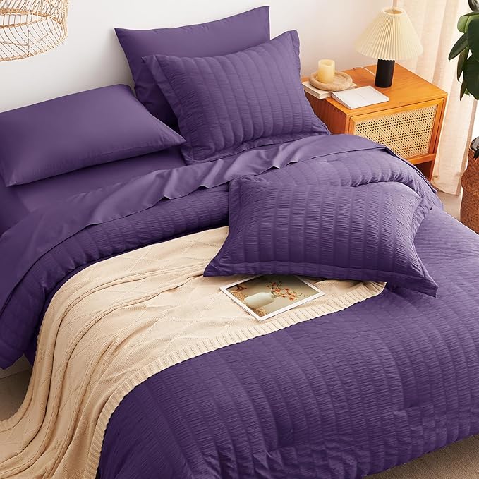 CozyLux King Size Comforter Set Purple Seersucker 7 Pieces Bed in a Bag King - Image 6