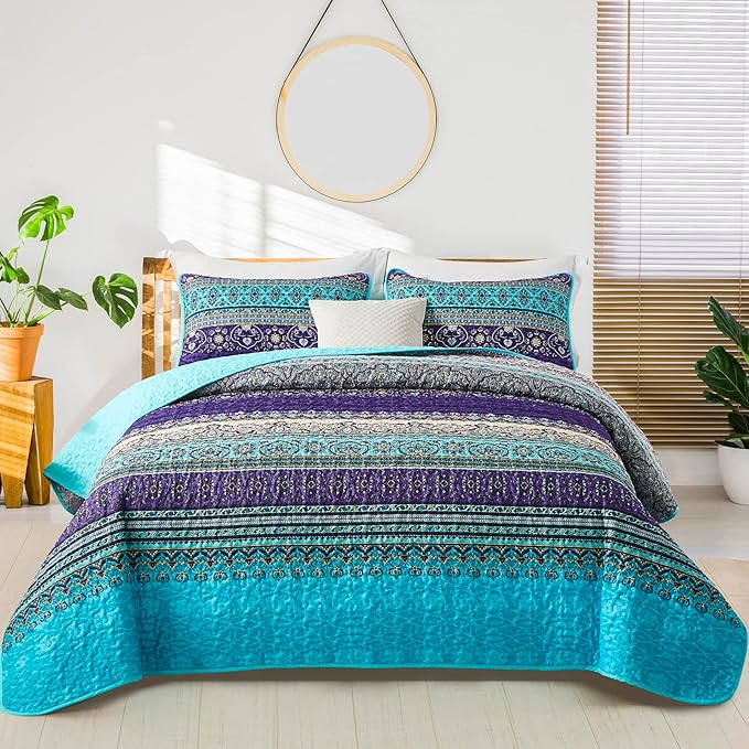 WONGS BEDDING Boho Quilt King Size, Lightweight Microfiber Bed Decor Bedspread by WONGSBEDDING