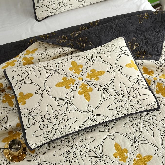 ROOMLIFE Quilt Set King Size 3D Floral Iris Embroidery Pattern 3-Piece Cotton - Image 5