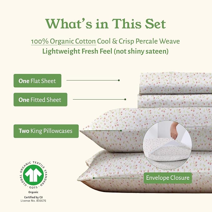 California Design Den Cal King Floral Sheet Set, 100% Organic Cotton Percale - Image 5