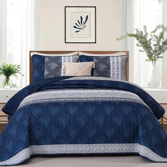 DJY Stripe Quilt Set Queen Size Navy Blue Bedspread Coverlet Set 3 Pieces Boho - Image 2