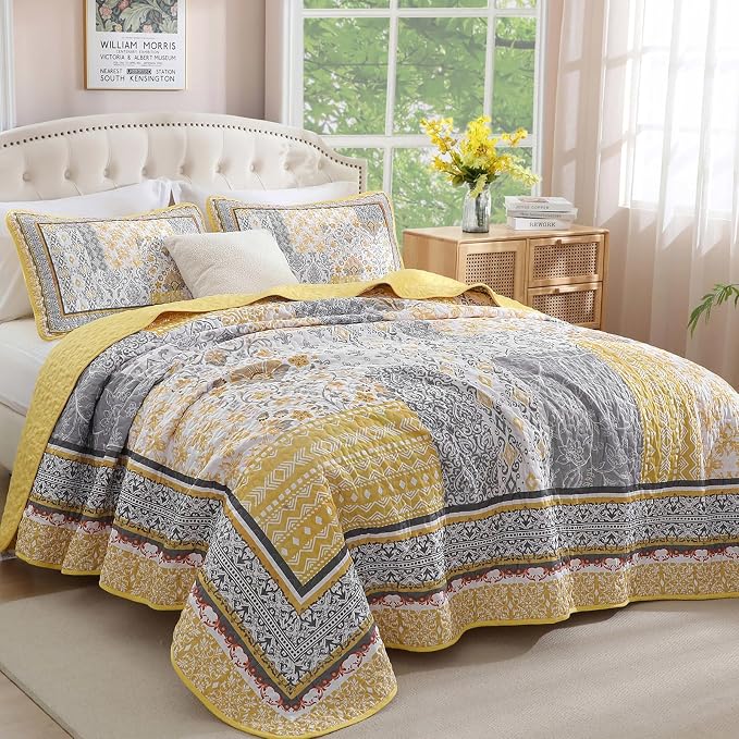 WONGS BEDDING Yellow Quilt Set Full, Bohemian Patchwork Bedspread Coverlet Set - Image 2