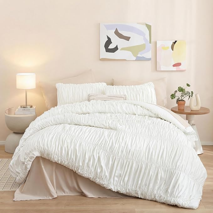 weigelia Cream Comforter Set King – Textured Ruched Cream Ivory King Comforter by WEIGELIA