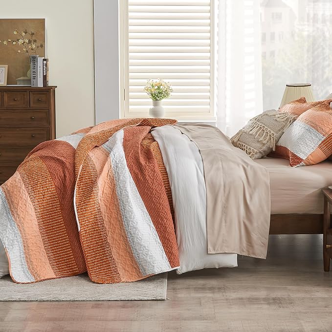 Andency Orange Quilt King, 3 Pieces Patchwork Striped Bedspread Coverlet Set - Image 2