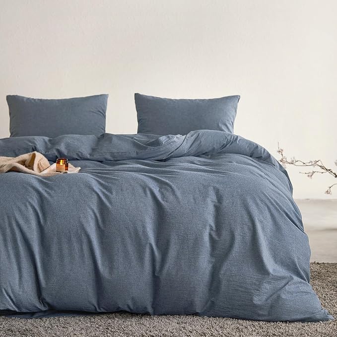 Wake In Cloud - Cotton Duvet Cover Set, Full Size, Chambray Denim Blue - Image 3