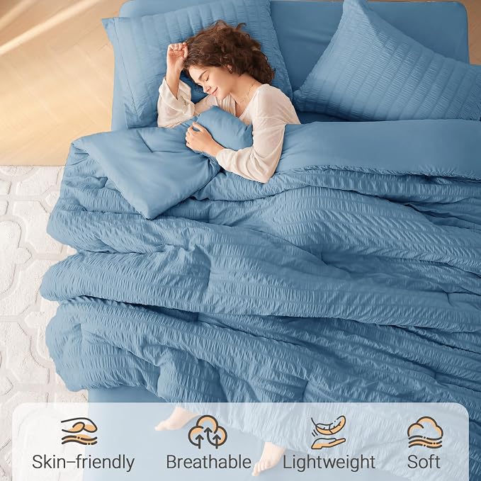MUXHOMO 7 Pieces Queen Comforter Set, Seersucker Bed in a Bag Queen Size - Image 2