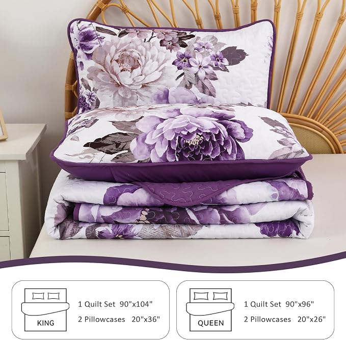 WONGS BEDDING Purple Floral Quilt Set King, 3 Pieces Reversible Lightweight - Image 7