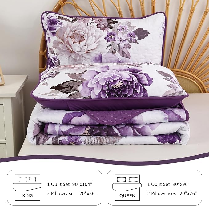 WONGS BEDDING Floral Quilt Set Purple Queen, Quilted Printed Lightweight - Image 7