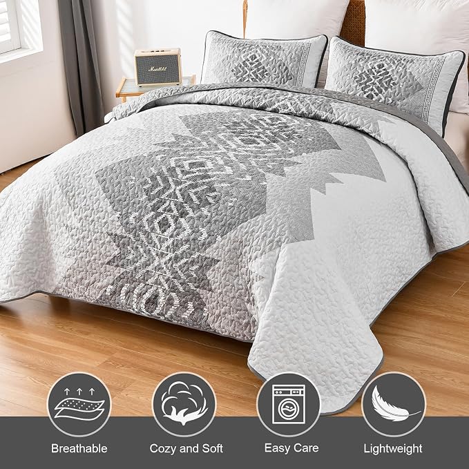 Boho Quilt Set King Size 3 Pieces Grey Aztec King Quilt Set Bohemian Bedspread - Image 3