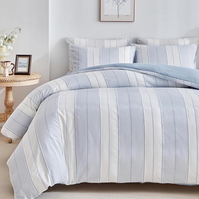 WARMDERN Blue Striped Weave Duvet Cover King Size, Microfiber Textured Bedding by WARMDERN