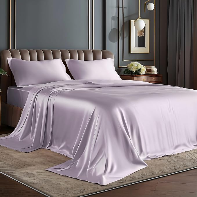 BEDELITE King Size Sheets Set, Luxury Soft Lavender Satin Sheets by BEDELITE