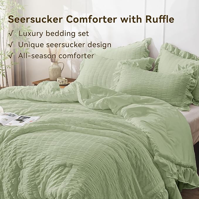 JOLLYVOGUE Sage Green Twin Size Comforter Set, 2 Pieces Seersucker Lightweight - Image 3
