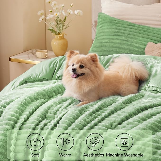BEDELITE Fleece Queen Comforter Set -Super Soft & Warm Fluffy Green Bedding - Image 3