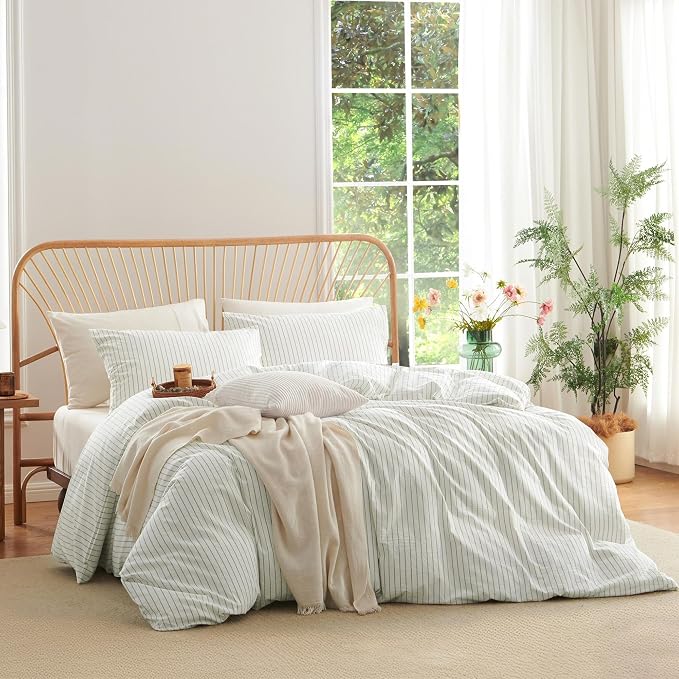 Nayoroom Striped Duvet Cover Queen Size 100% Washed Cotton White Green Stripe - Image 2