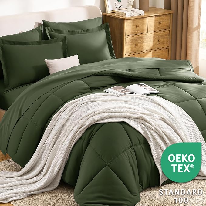 CozyLux King Size Comforter Set Olive Green - Image 3