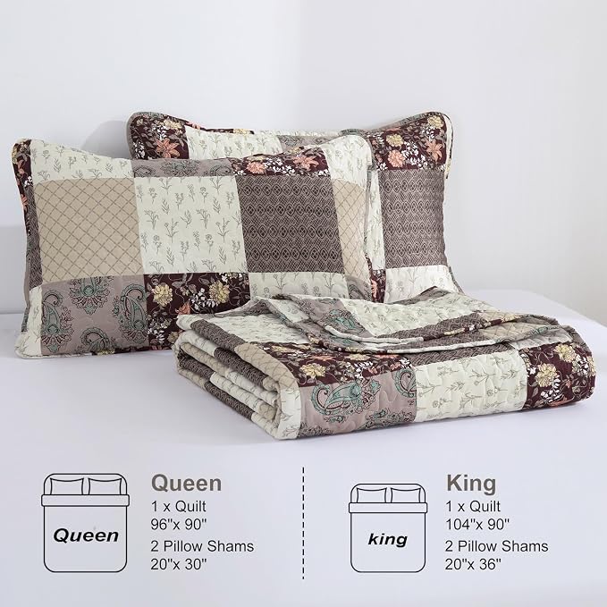 Xruibed Floral Plaid Patchwork Fall Quilt Set Queen Size 3 Pieces Taupe Beige - Image 7
