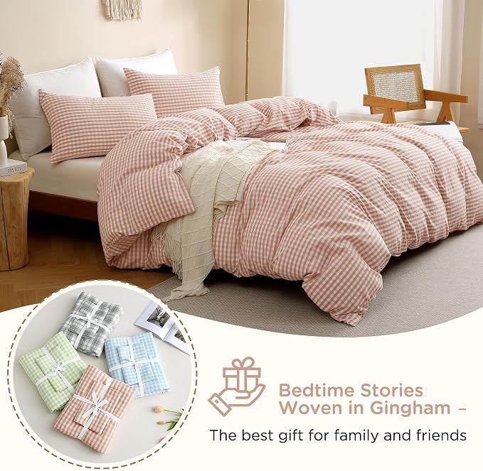 TOCOMOA Pink Tan Gingham Duvet Cover Bedding Set 100% Washed Cotton Like Linen - Image 7