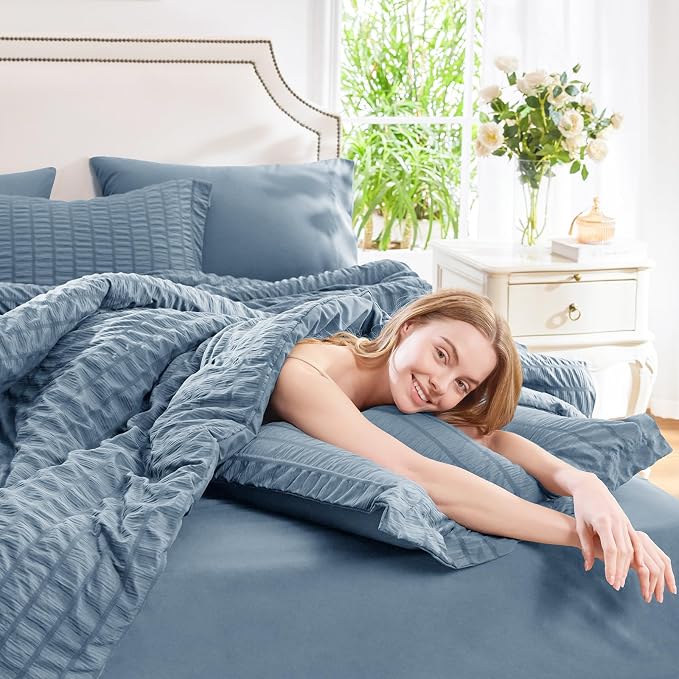 CozyLux Queen Comforter Set Grayish Blue Seersucker 7 Pieces Bed in a Bag Queen - Image 7