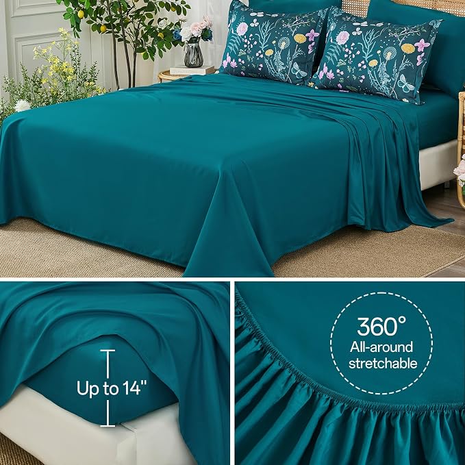 Yiran Teal Blue Comforter Set King Size, 7 Piece Floral Botanical Comforter - Image 7