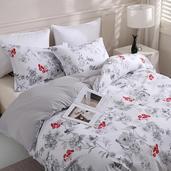 LONAVA Queen Flower 3 Pcs Duvet Cover Set, Breathable Soft Microfiber White by LONAVA
