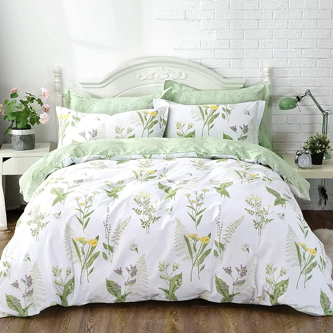 FADFAY Green Leaves Duvet Cover Set Premium 100% Cotton Daisy and Lavender - Image 2