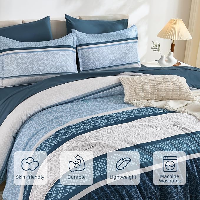 WONGS BEDDING Navy Blue King Comforter Set 7 Pieces, Boho Striped Bed in a Bag - Image 4