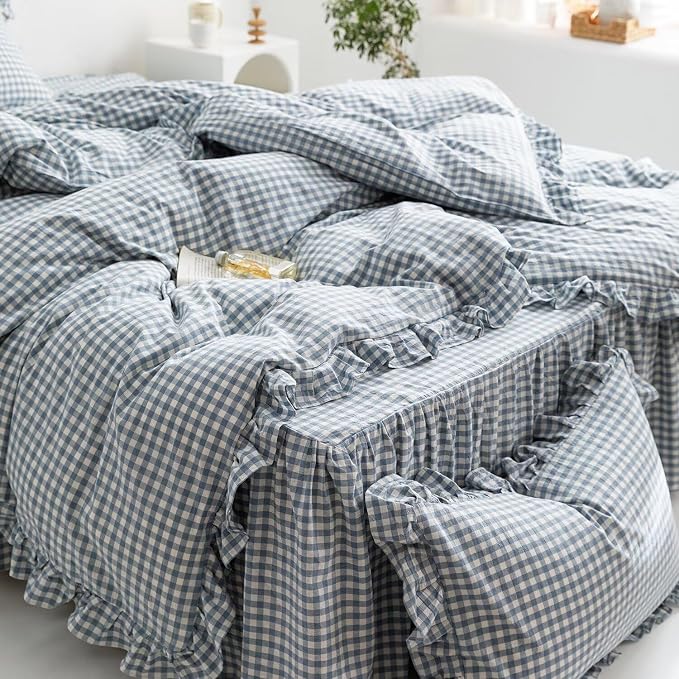 MKXI Blue and White Gingham Duvet Cover Twin Size, 3-Piece Bedding Set - Image 6