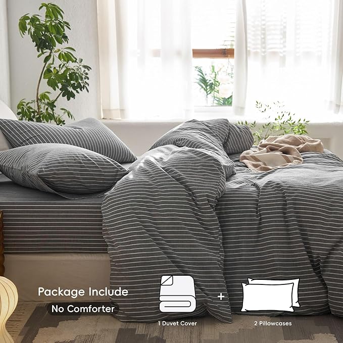 MooMee Striped Duvet Cover Set 100% Washed Cotton Linen Like Textured - Image 2