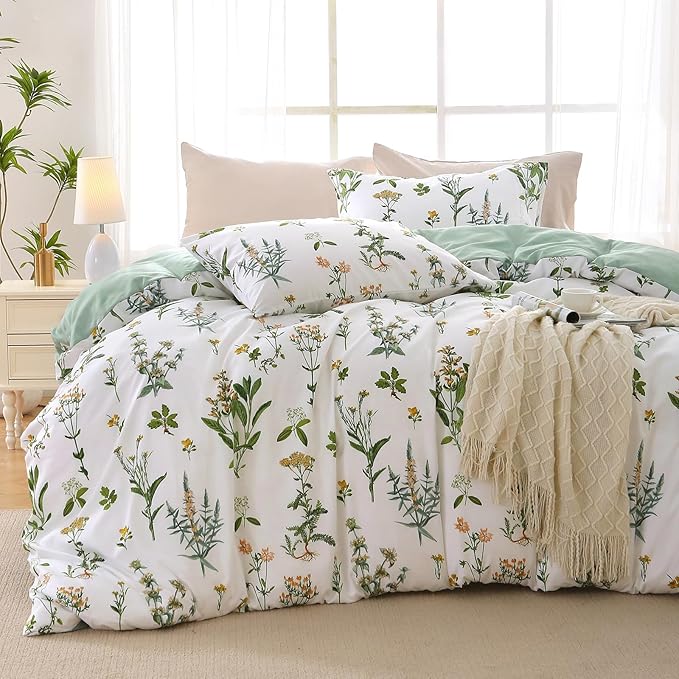 MUXHOMO Duvet Cover Full Size, Reversible Floral Green Duvet Cover Set by MUXHOMO