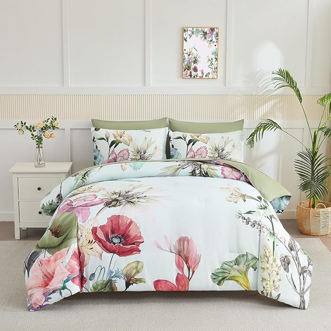 Yogeneg King Size Comforter Set 7 Piece Bed in a Bag, Elegant Floral Botanical by YOGENEG