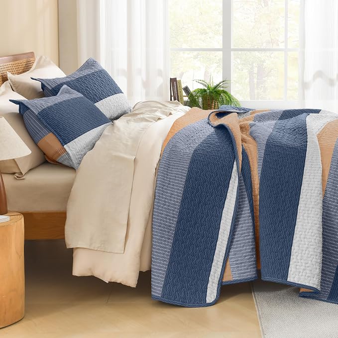 Litanika California King Quilt Set BlueO, Stripe Patchwork Summer Bedspread - Image 2