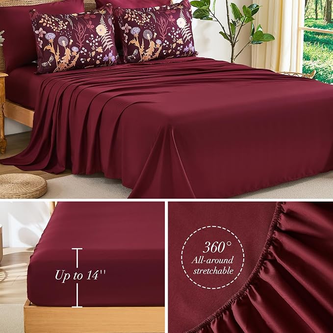 Yiran King Size Comforter Set 7 Piece, Burgundy Floral Bedding Set, Lightweight - Image 5