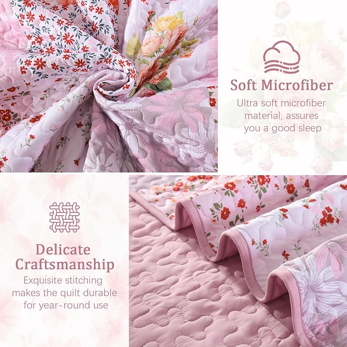 Mybedsoul Patchwork Quilts Queen Size, Soft Pink Boho Floral Queen Bedspreads - Image 6