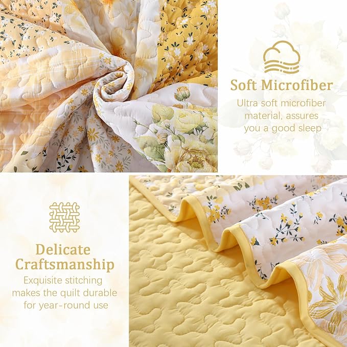 Mybedsoul Patchwork Quilts Queen Size, Soft Yellow Boho Floral Bedspreads - Image 6