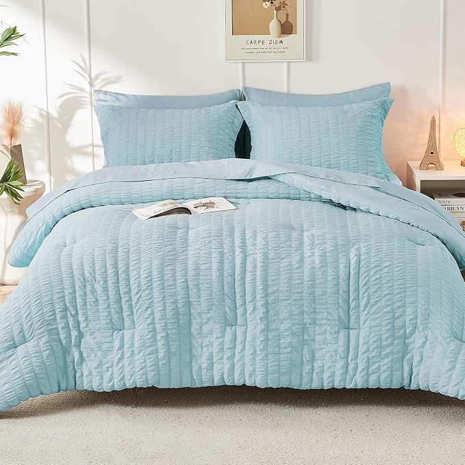 HYMOKEGE Lake Blue Queen Comforter Set Seersucker 7 Pieces, All Season Luxury - Image 9
