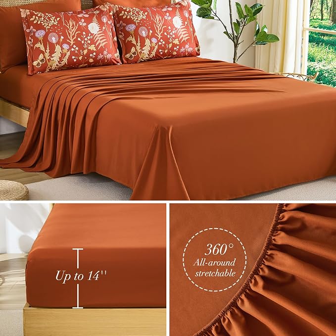 Yiran King Size Comforter Set 7 Piece, Burnt Orange Floral Bedding Set - Image 5