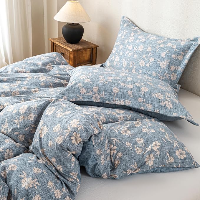 OAITE Blue Flower Queen Size Duvet Cover-3 Pieces Prewashed Cotton-Like - Image 3