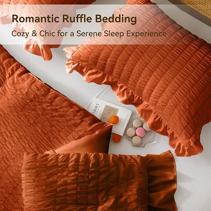 JOLLYVOGUE Burnt Orange Queen Comforter Set, 3 Pieces Seersucker Comforters - Image 5