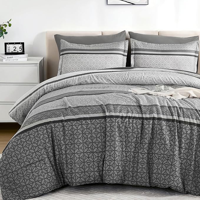 WONGS BEDDING Grey Comforter Set King Size, 7 Pieces Striped Bed in a Bag by WONGSBEDDING