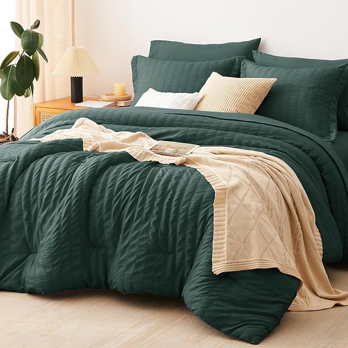 CozyLux Oversized Queen Comforter Set Forest Green Seersucker 7 Pieces 98x98 by CozyLux