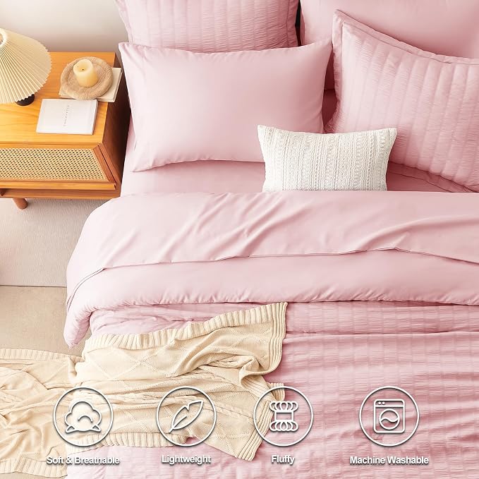 CozyLux Queen Comforter Set Pink Seersucker 7 Pieces Bed in a Bag Queen - Image 2