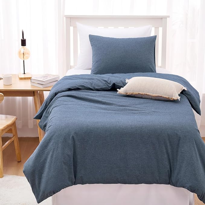 Wake In Cloud - Cotton Duvet Cover Set, Twin Size, Chambray Denim Blue - Image 8
