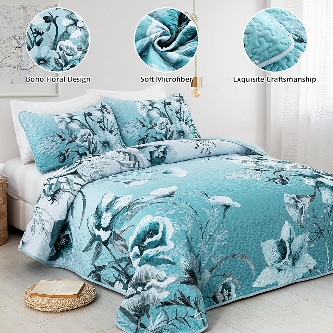 Blue Floral Quilt Set King Size 3 Pieces Boho Flower Quilt Coverlet Set Soft - Image 2