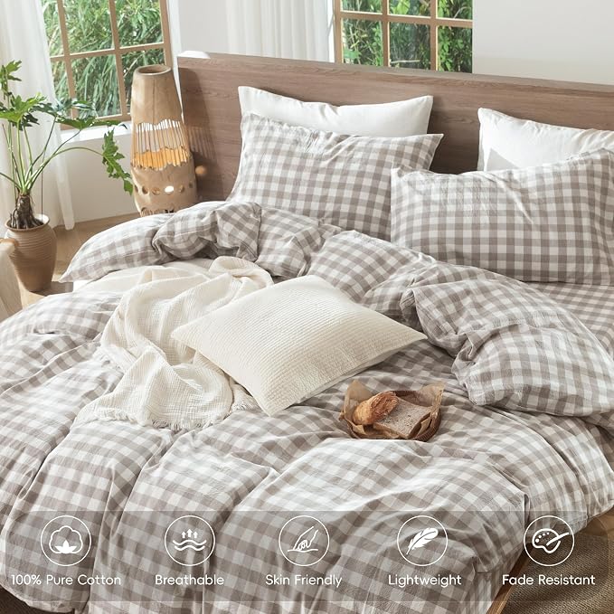 MooMee Gingham Duvet Cover Set 100% Washed Cotton Linen Like Textured - Image 5